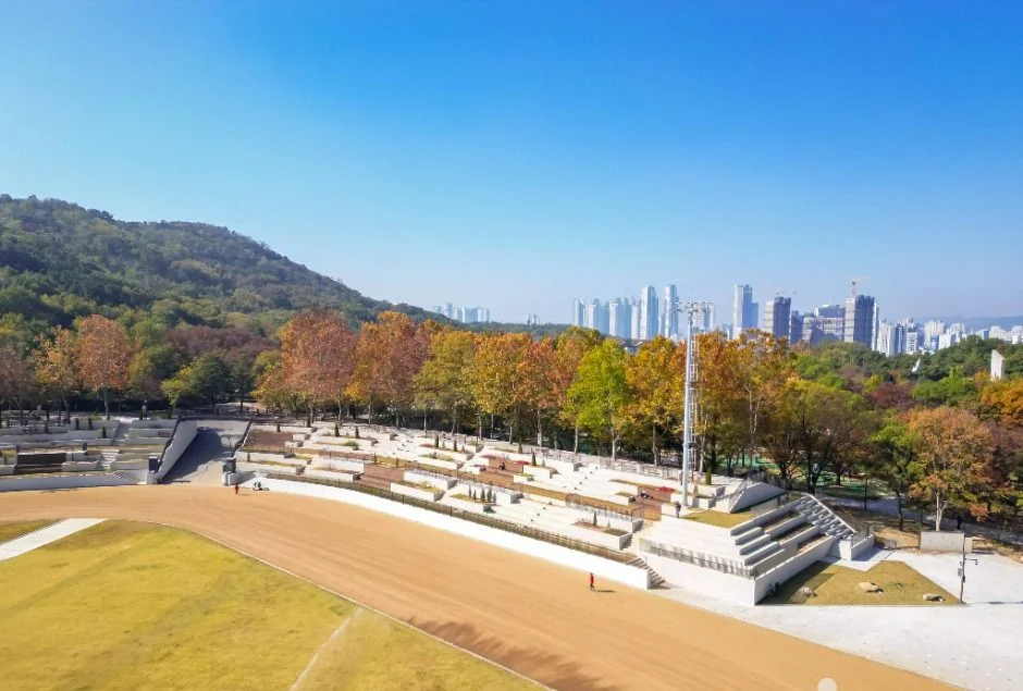 모래 트랙과 스탠드, 단풍 든 숲 너머로 시가지 고층 건물이 보이는 두류공원 경기장