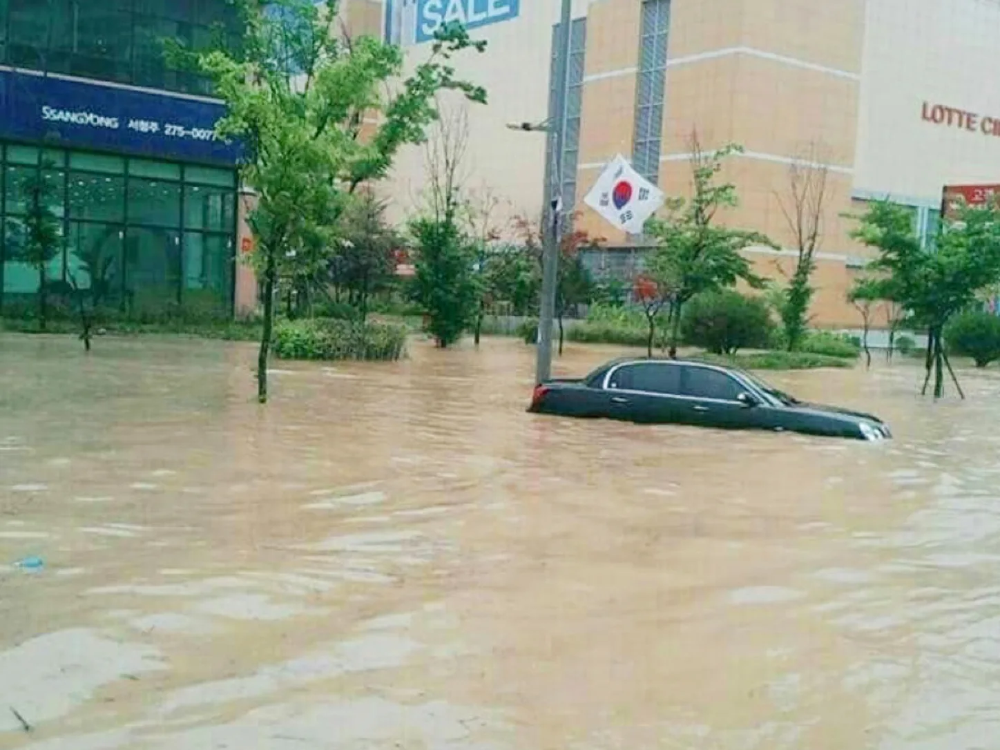 태풍으로 인한 집중호우로 흙탕물에 절반 넘게 잠긴 검은색 승용차가 상가 앞 도로에 방치돼 있는 모습