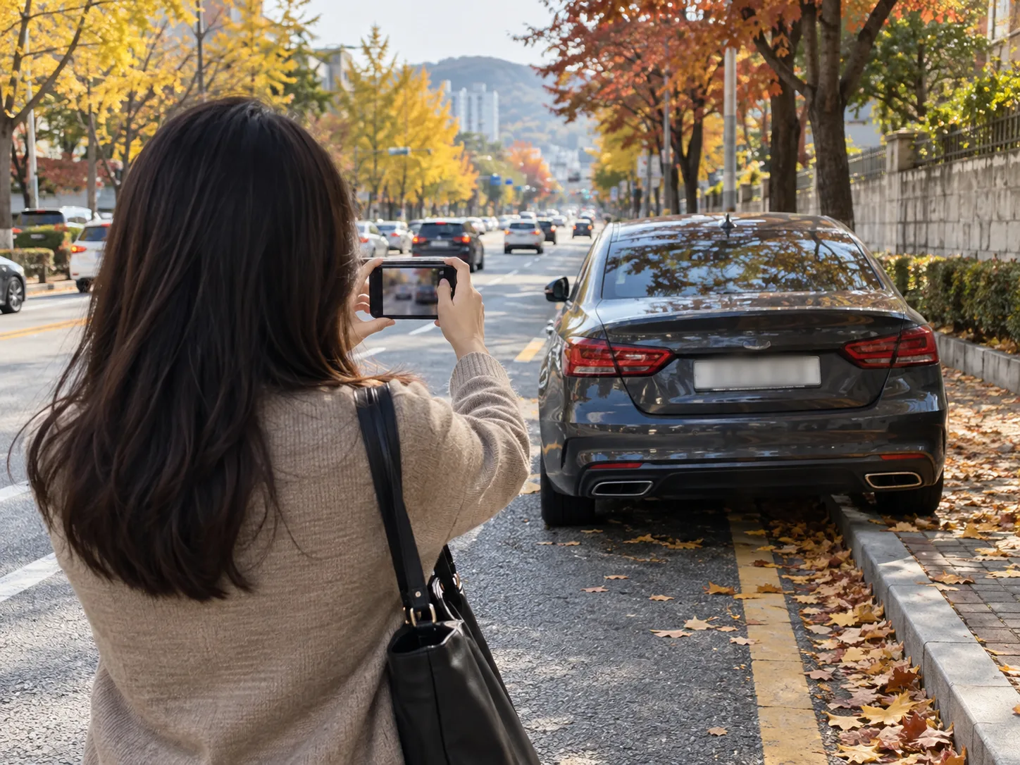 도로변에 서 있는 승용차를 시민이 스마트폰으로 촬영하는 뒷모습, 단풍 가로수가 늘어선 거리