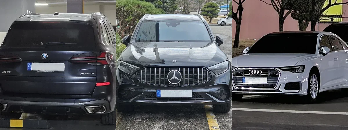 BMW X5 후면, 메르세데스-벤츠 GLC 전면, 아우디 A6 전면을 나란히 붙인 사진
