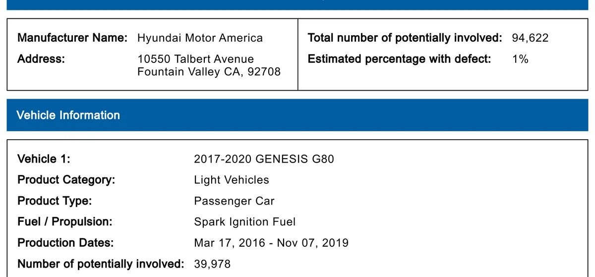 NHTSA 리콜 보고서 26V664 첫 페이지, 대상 94,622대와 추정 결함 비율 1% 항목