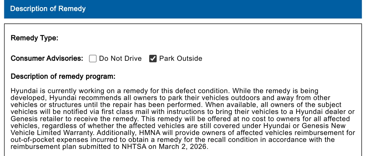NHTSA 리콜 보고서 26V664의 시정 항목, Park Outside에 체크된 소비자 권고와 무상 시정 설명