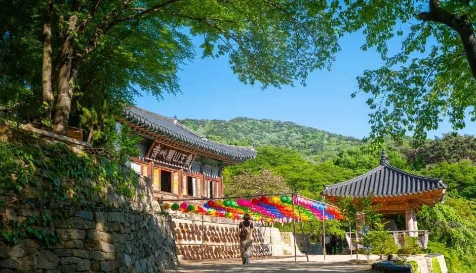 연등이 걸린 돌담길과 전각