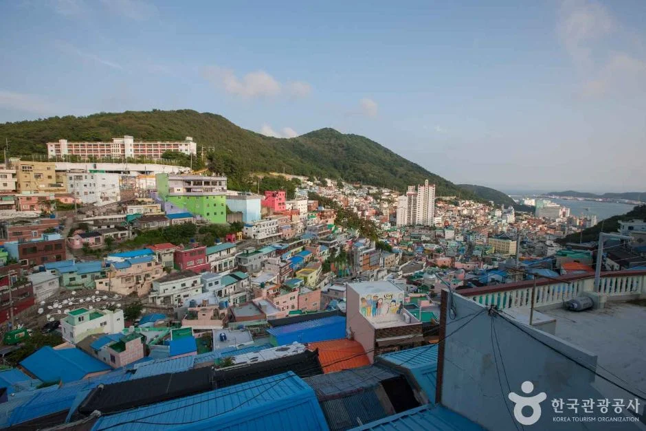 언덕 위에서 내려다본 감천문화마을 집들과 멀리 보이는 바다