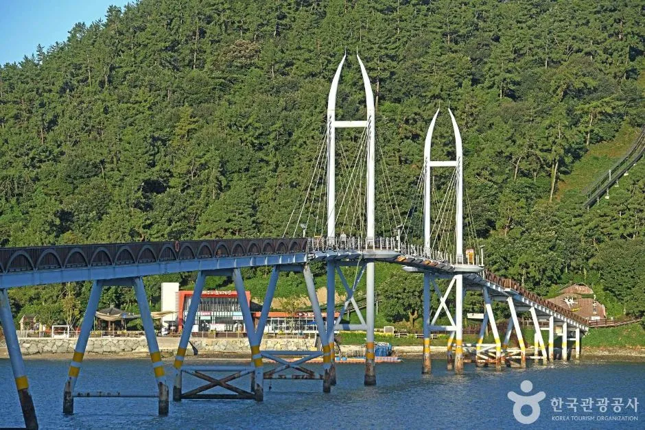 가우도 출렁다리의 흰색 아치형 주탑과 케이블, 물가 주변 풍경