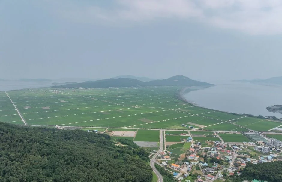 논과 마을, 바다가 이어진 석모도 일대를 높은 곳에서 내려다본 풍경