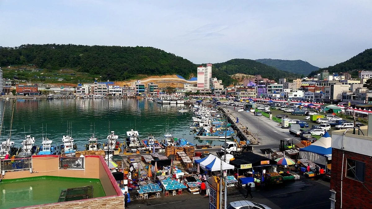 산을 배경으로 선박과 건물이 모인 대변항 전경