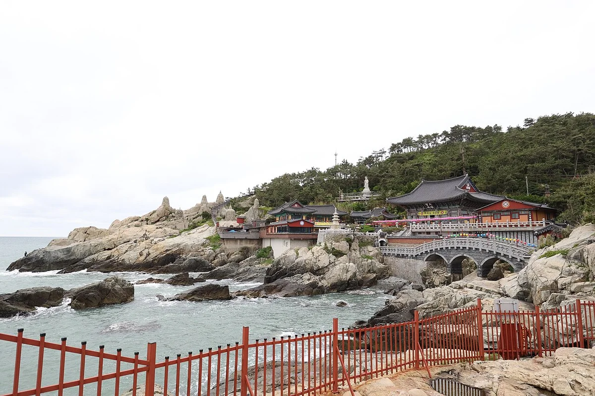 붉은 난간 너머로 바다와 해안 바위가 보이는 해동용궁사 해안 전망