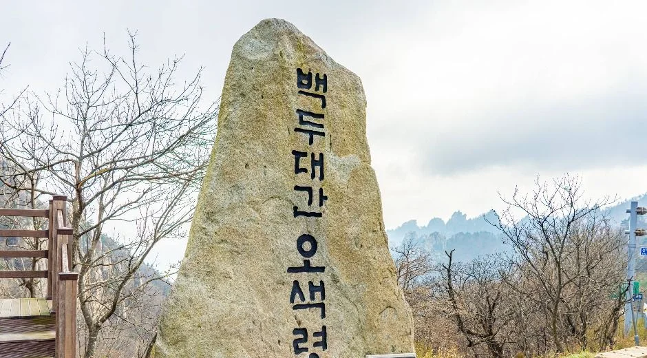늦가을 풍경 속 백두대간 오색령 표지석