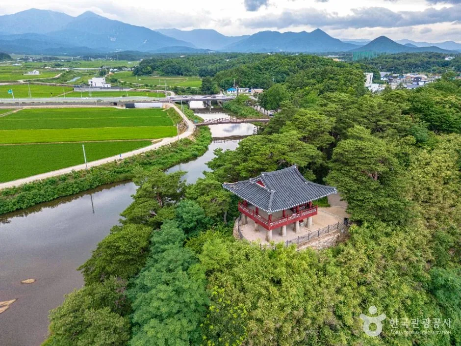 논과 하천 옆 숲 속 청간정을 내려다본 항공 사진