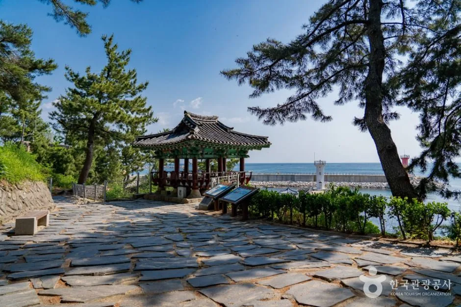 바다를 앞에 둔 천학정 정자와 포장된 전망 마당