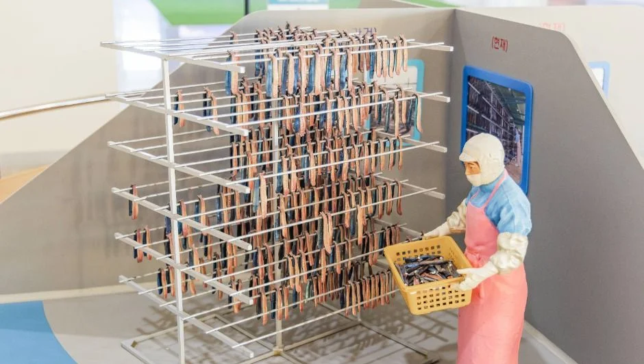 과메기를 걸어 말리는 덕장 모형 전시와 일하는 인형