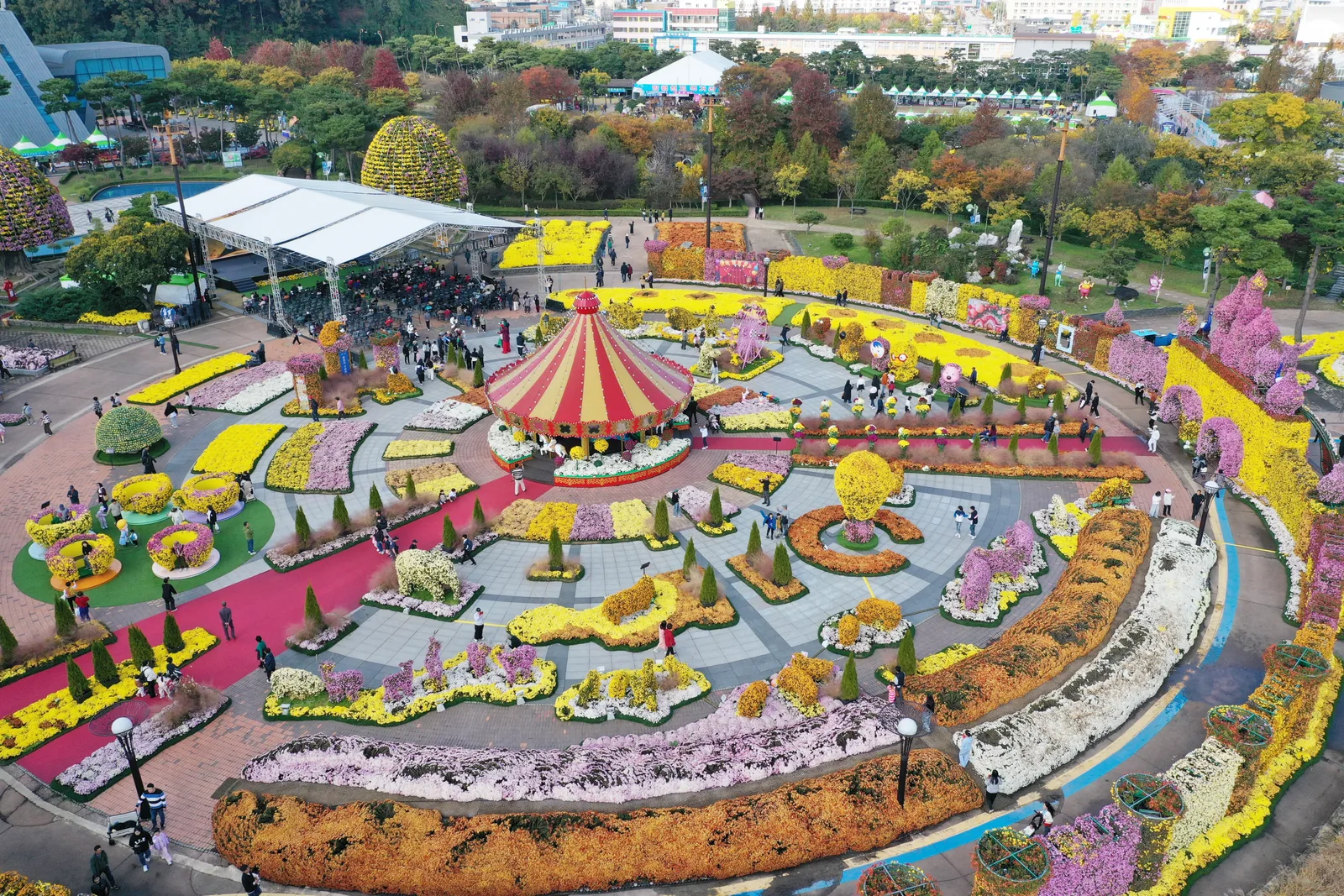 함평엑스포공원 국향대전 축제장을 하늘에서 내려다본 전경, 회전목마와 대관람차 모티브의 대형 국화 조형물, 노란·분홍 국화 화단이 원형 광장을 가득 채우고 있다