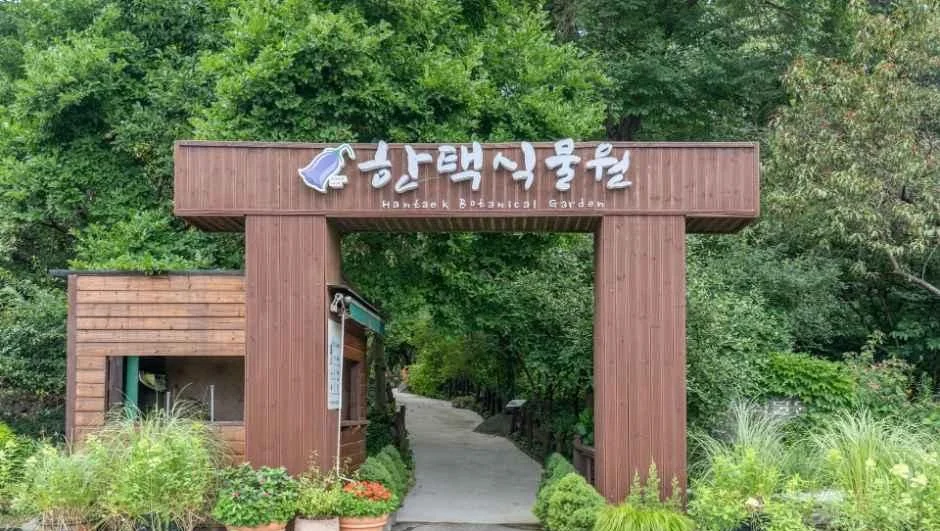 용인 한택식물원 입구의 나무 표지문과 화분들