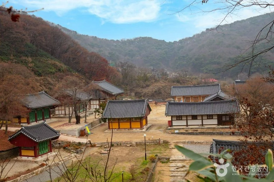 산자락에 낙엽색이 번진 사찰 마당