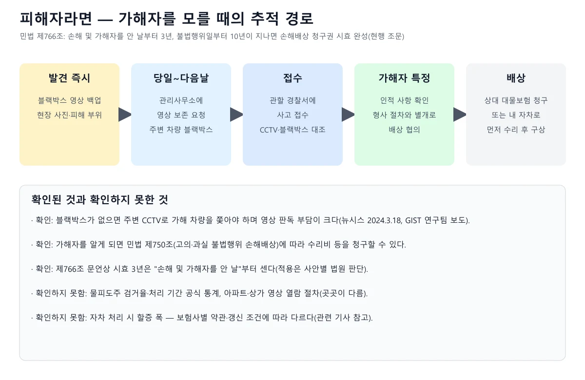 피해자가 블랙박스 백업, 관리사무소 영상 보존 요청, 경찰 접수, 가해자 특정, 배상 청구로 이어지는 추적 경로 도식