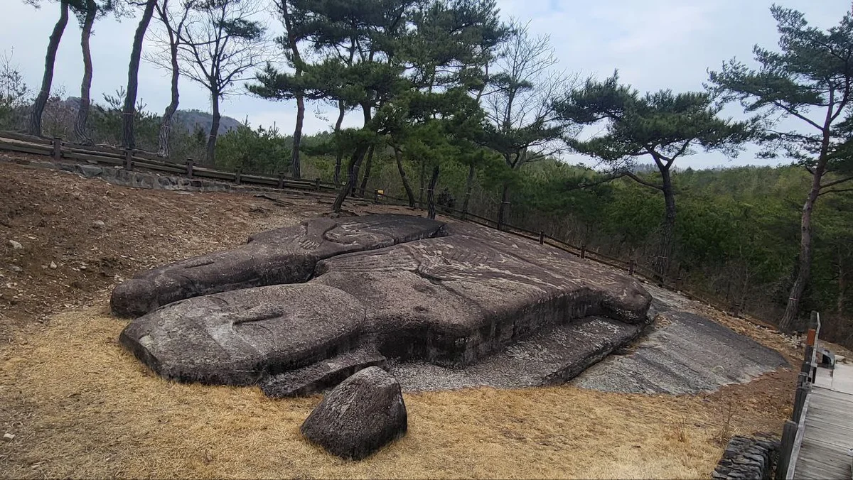 풀이 누렇게 마른 언덕에 소나무가 둘러선 가운데 누운 형상의 큰 바위가 놓인 모습
