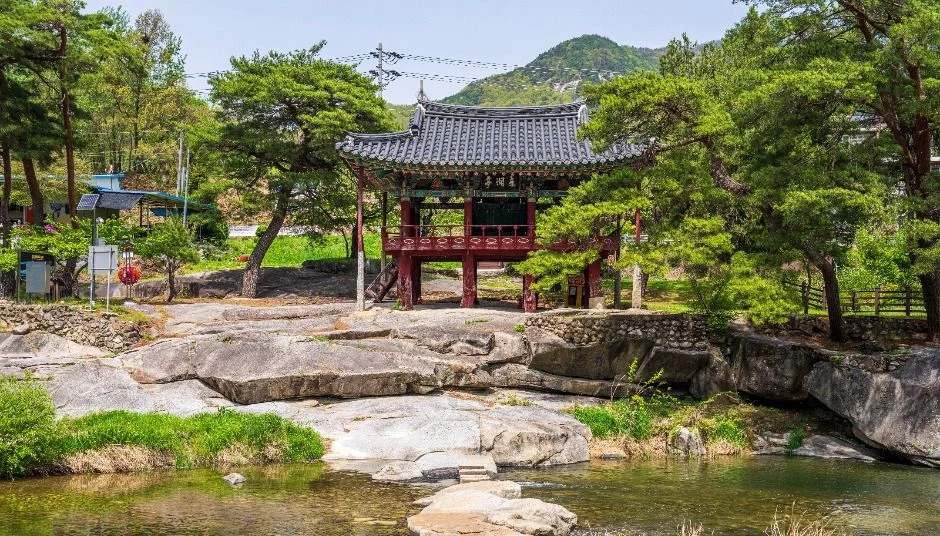 징검돌이 놓인 맑은 물 너머로 보이는 정자