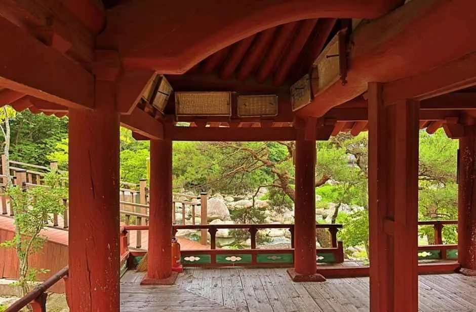 붉은 기둥의 정자 마루에서 내다본 숲