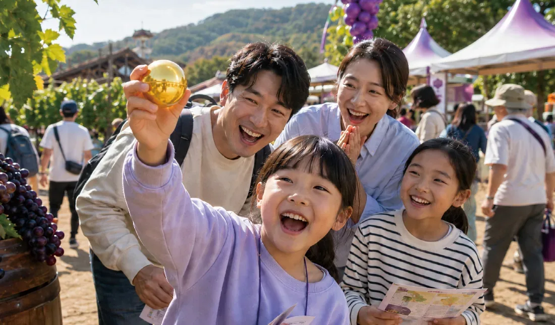가족 단위 방문객이 부스에서 받은 황금색 포도알 모형을 들고 환하게 웃고 있다