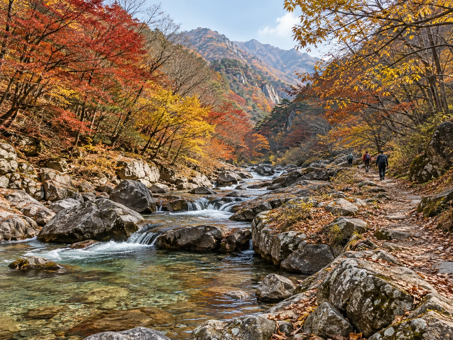 붉고 노란 단풍나무 사이로 맑은 계곡물이 흐르고 등산객 세 명이 흙길을 걷는 가을 산골짜기 일러스트