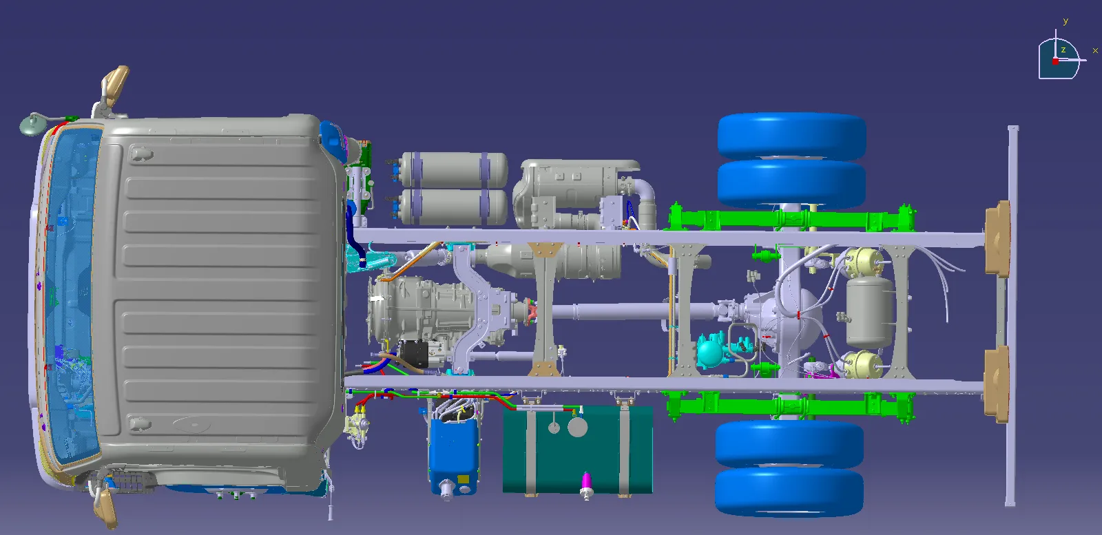 현대 마이티 트럭의 3D CAD 도면, 섀시와 파워트레인 구조가 색상별로 구분돼 표시된 화면