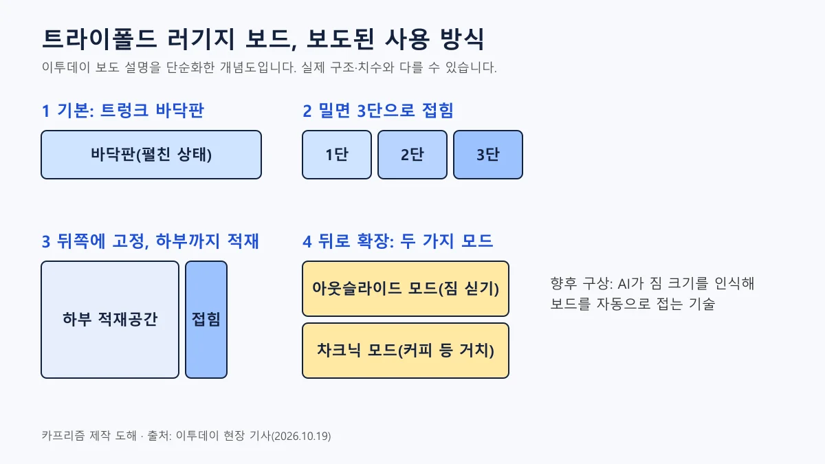 트라이폴드 러기지 보드가 3단으로 접혀 트렁크 하부를 쓰는 과정을 단순화한 개념도