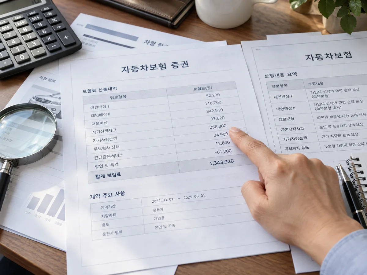 자동차보험 증권 서류 위에 계산기와 돋보기가 놓여 있고, 손가락으로 보험료 산출내역의 숫자 항목을 짚고 있는 클로즈업