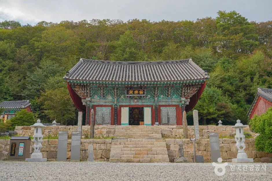 돌계단과 석등 위로 기와지붕 전각이 놓인 안국사 경내 정면