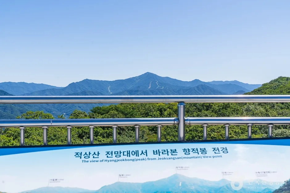 전망대 난간 아래 향적봉 방향 산 능선이 그려진 파노라마 안내 패널