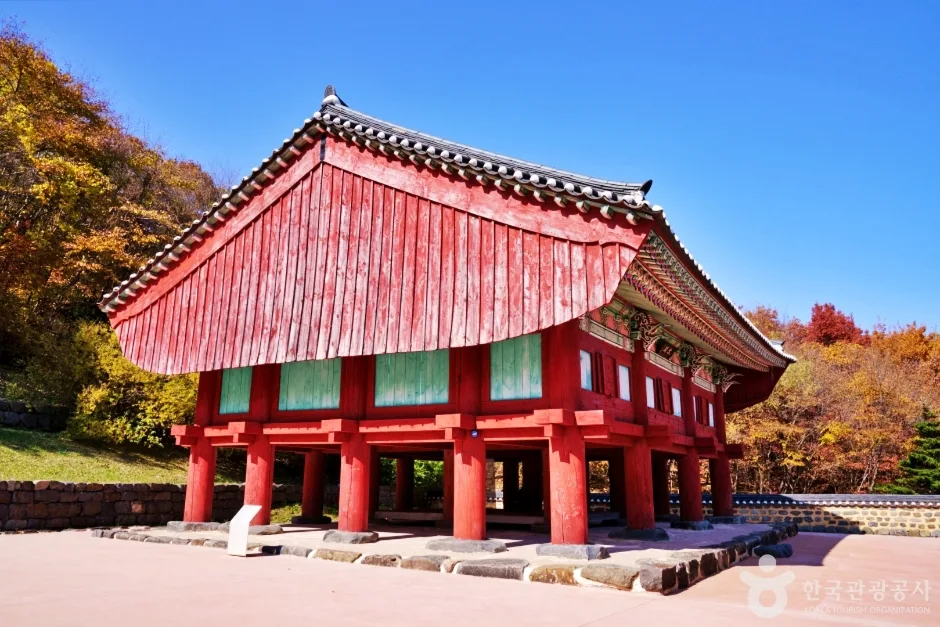 붉은 기둥과 널판 지붕면을 가진 사고지 목조 건물을 단풍 사이로 본 모습