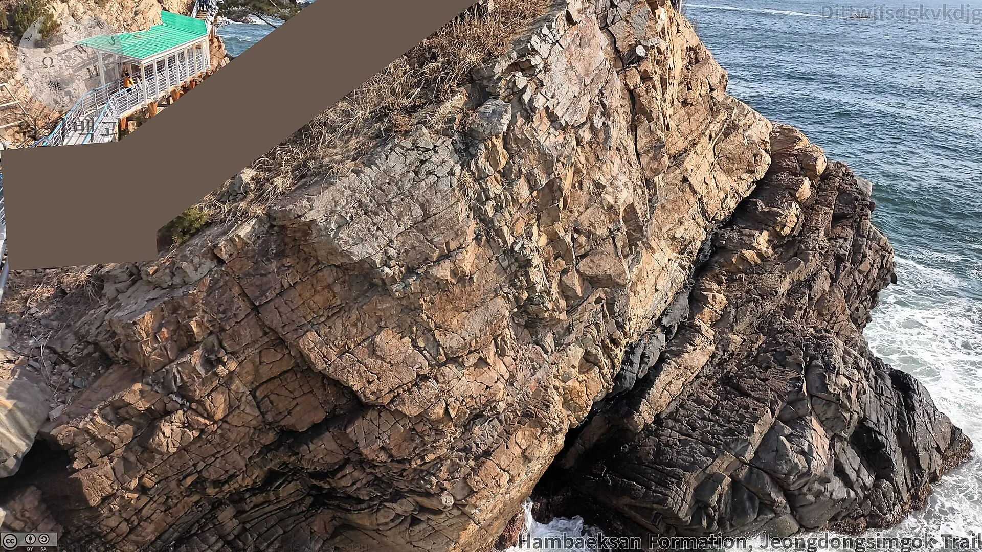 정동심곡 바다부채길 데크 산책로 위에서 내려다본 해안 절벽과 동해 바다, 파도가 부딪히는 기암 지형