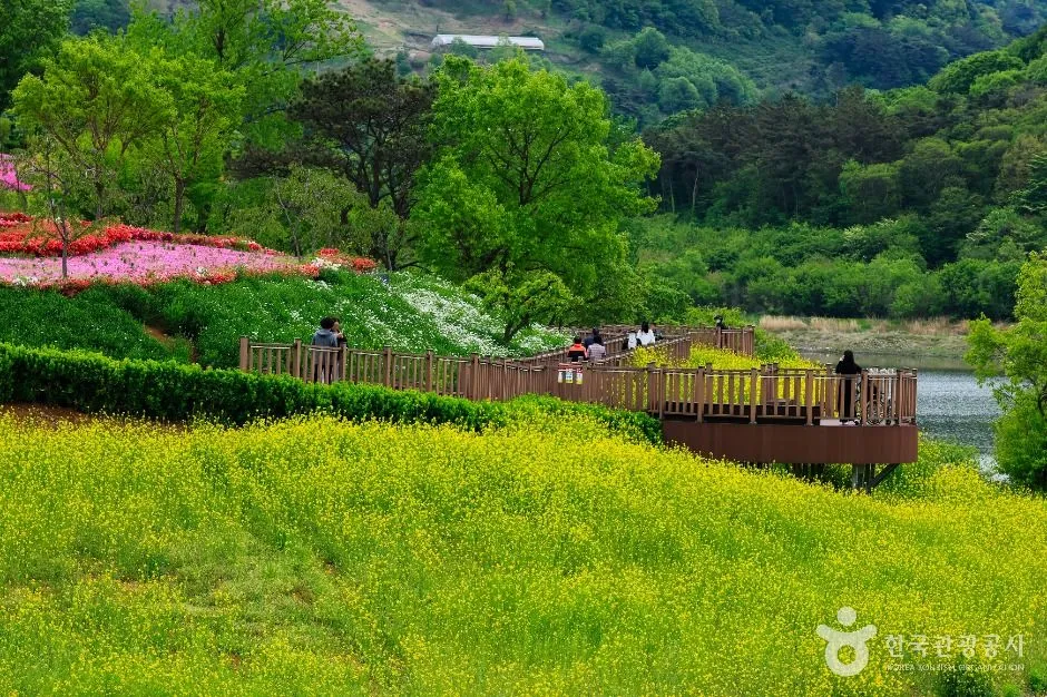 노란 꽃밭 옆 호숫가에 목재 전망 데크가 놓인 풍경