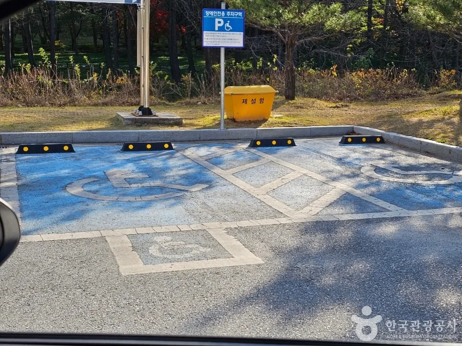 바닥에 장애인 주차 표시가 그려진 주차 구역과 주차 안내 표지
