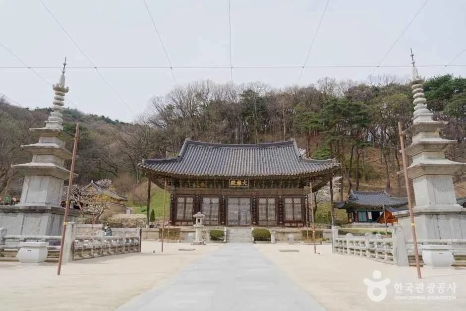 석탑이 양옆에 서 있는 전각 앞 넓은 마당 전경