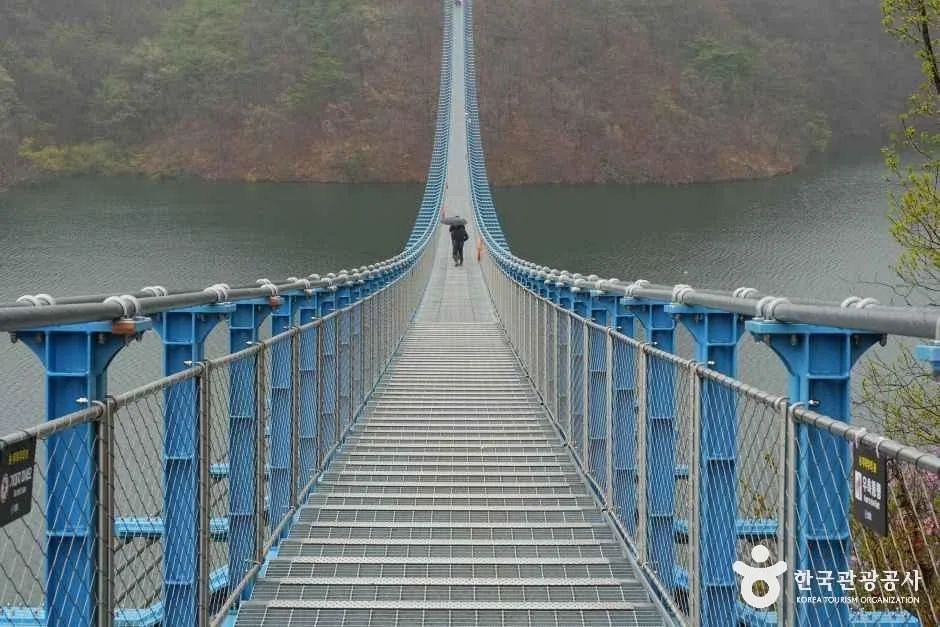파란 난간 사이로 바닥이 길게 이어지는 출렁다리 위에서 앞을 본 모습