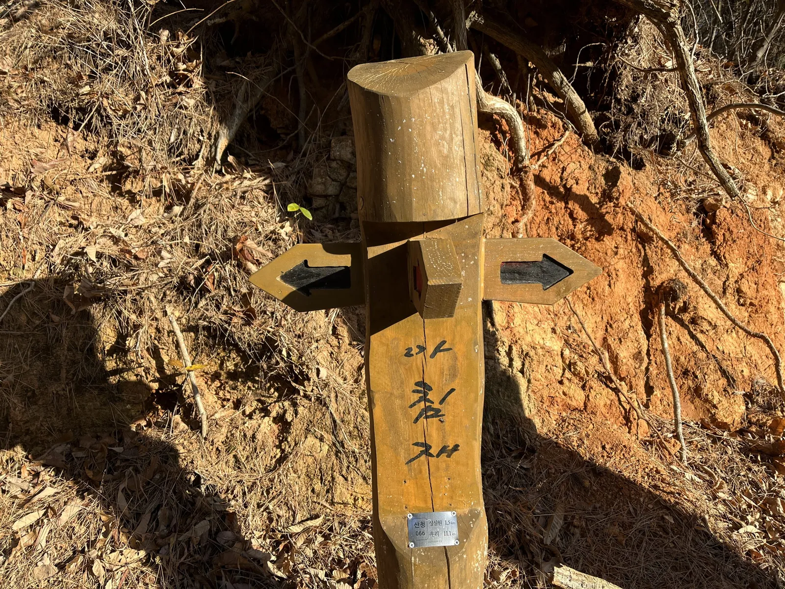 지리산둘레길 아침재 갈림길의 나무 이정표, 산청 성심원 1.5km·운리 11.1km 표기가 붙어 있다