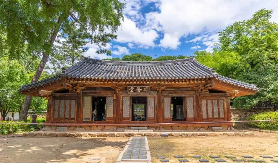 넓은 마당 앞에 선 목조 전각과 주변 나무