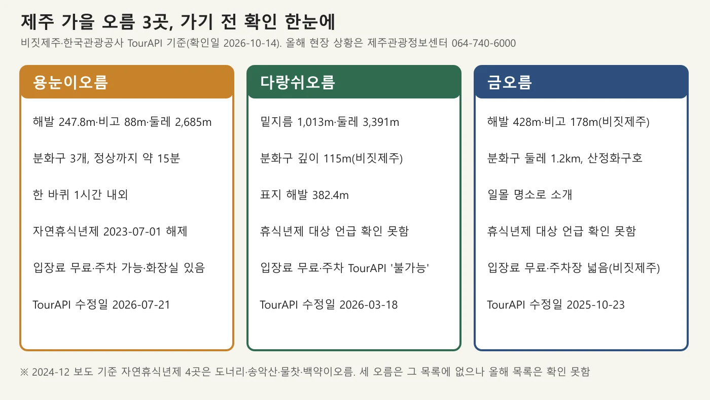 용눈이오름·다랑쉬오름·금오름 규모와 탐방 가능 여부를 비교한 도표