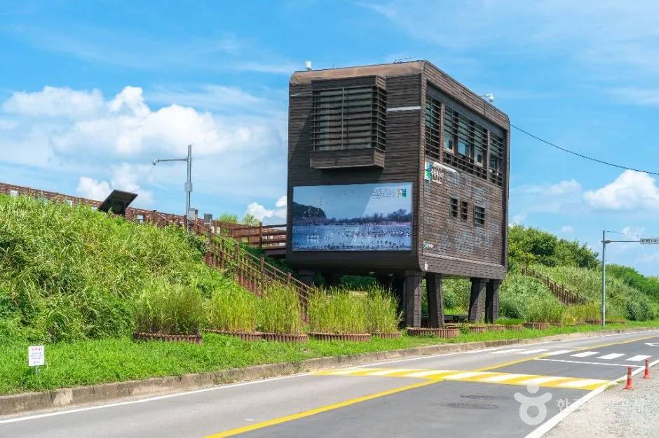 주남저수지 탐조대 건물과 도로