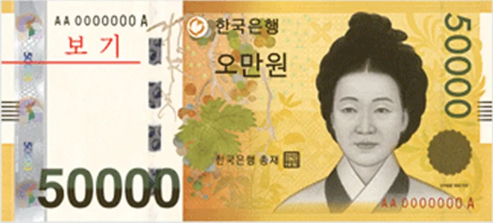 한국은행이 발행한 5만원권 지폐 견본, 신사임당 초상과 오만원 문구가 보인다