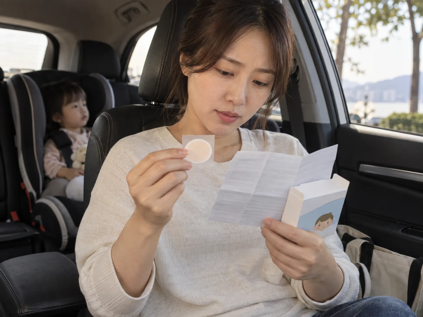 자동차 조수석에서 부모가 어린이용 멀미약 패치와 약 상자, 설명서를 손에 들고 확인하는 모습, 뒷좌석에는 카시트에 앉은 아이가 보인다
