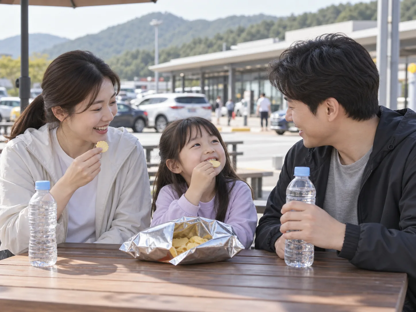 고속도로 휴게소 야외 테이블에서 아이가 부모와 함께 과자와 물을 먹으며 웃고 있는 모습