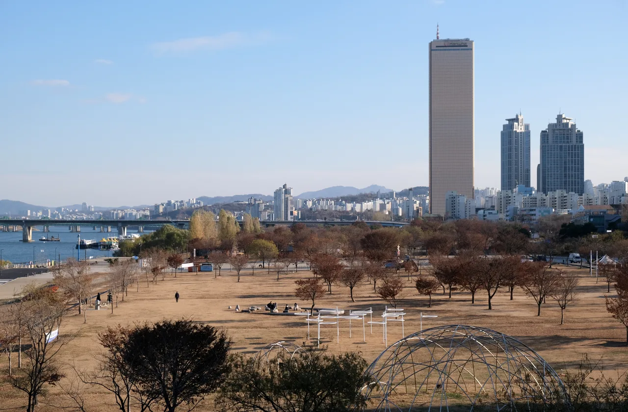 마포대교에서 내려다본 여의도한강공원과 63빌딩, 한강
