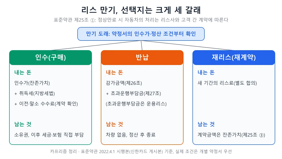 리스 만기 때 인수, 반납, 재리스 세 가지 선택에서 내는 돈과 남는 것을 정리한 도표
