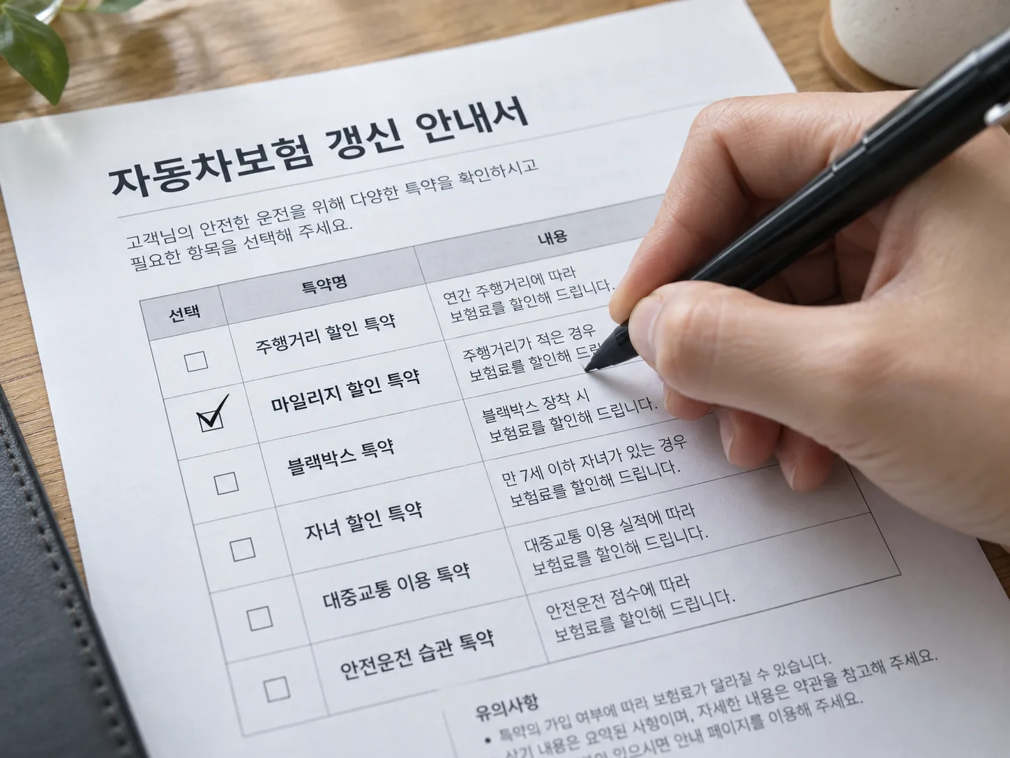 자동차보험 갱신 안내서 서류의 특약 목록 표에서 '마일리지 할인 특약' 항목에 검은 펜으로 체크 표시를 하는 손