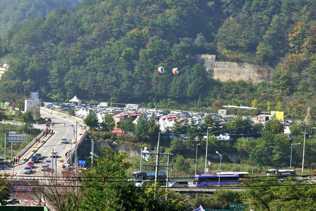 축제 기간 만차로 들어찬 민둥산 임시주차장을 위에서 내려다본 모습, 도로까지 차량이 늘어서 있다