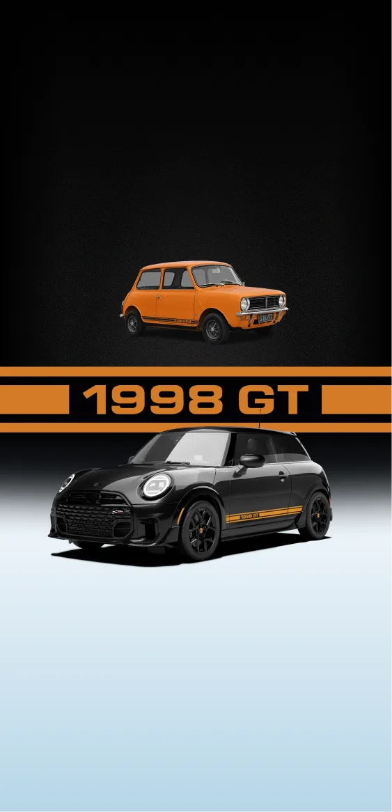 오렌지색 1969년형 MINI 1275 GT와 미드나이트 블랙 MINI 1998 GT 에디션 전면 3/4 모습을 나란히 배치한 헤리티지 홍보 이미지