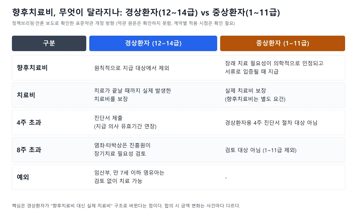 경상환자와 중상환자의 향후치료비 지급 방식과 4주 8주 절차를 비교한 표 형태 도표