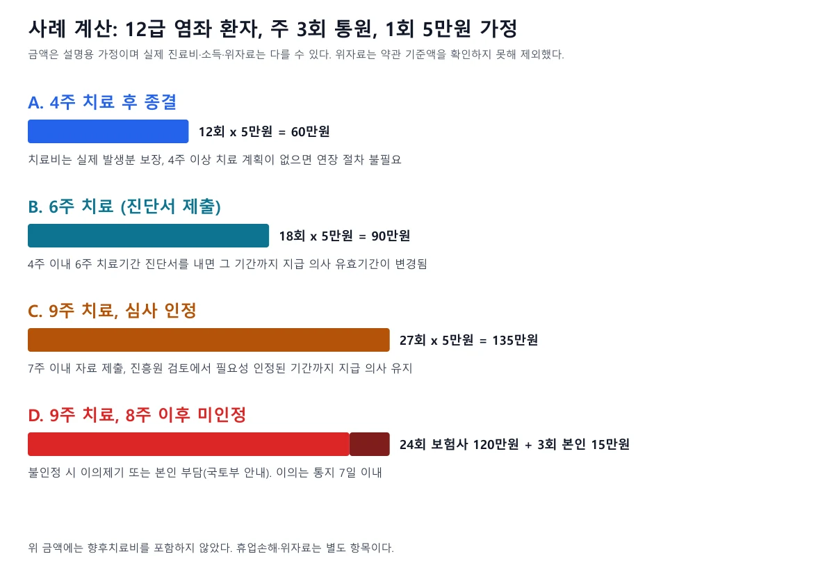 4주 6주 9주 치료 사례별 치료비와 본인 부담 가능 금액을 비교한 막대 도표